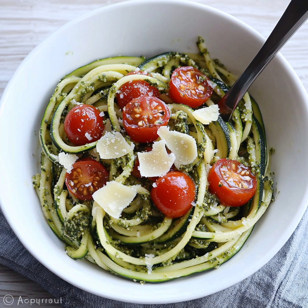 Spaghettis de courgette au pesto et féta : la recette fraîche, bluffante et prête en 15 minutes 5 Spaghettis de courgette au pesto et tomates cerises